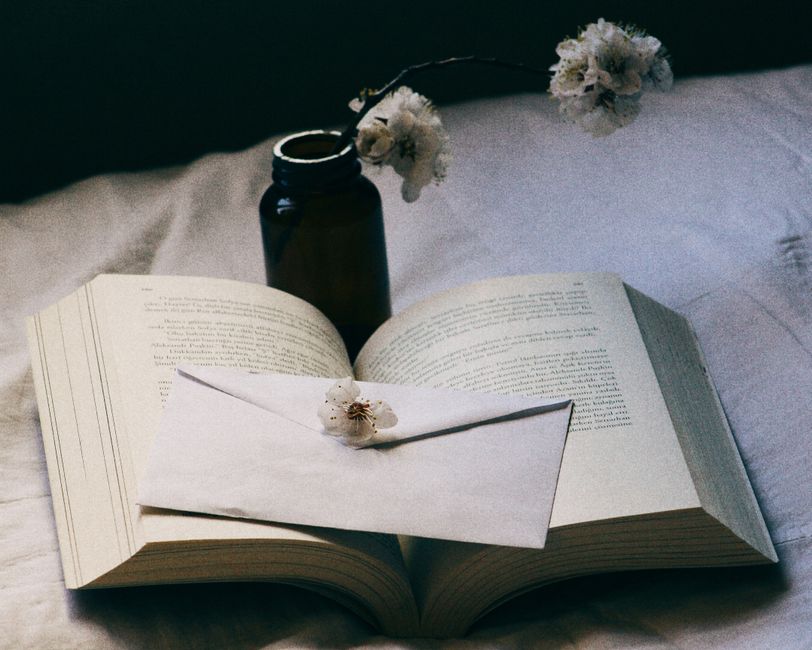 A cozy scene of an open book, envelope, and flowers on a bed, evoking relaxation.